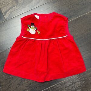 Vtg 70s Christmas Sears Baby Smock Dress 9-12 mo Red Corduroy Snowman Retro Jump